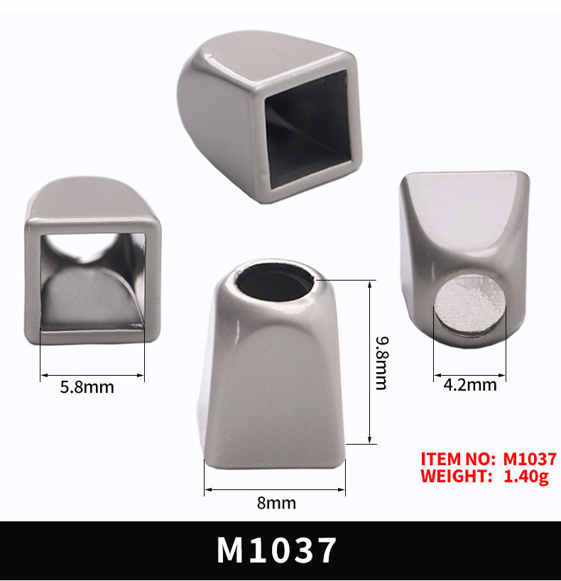 Square bell cord end caps, silver-tone, 9.8x8mm, with round cord opening