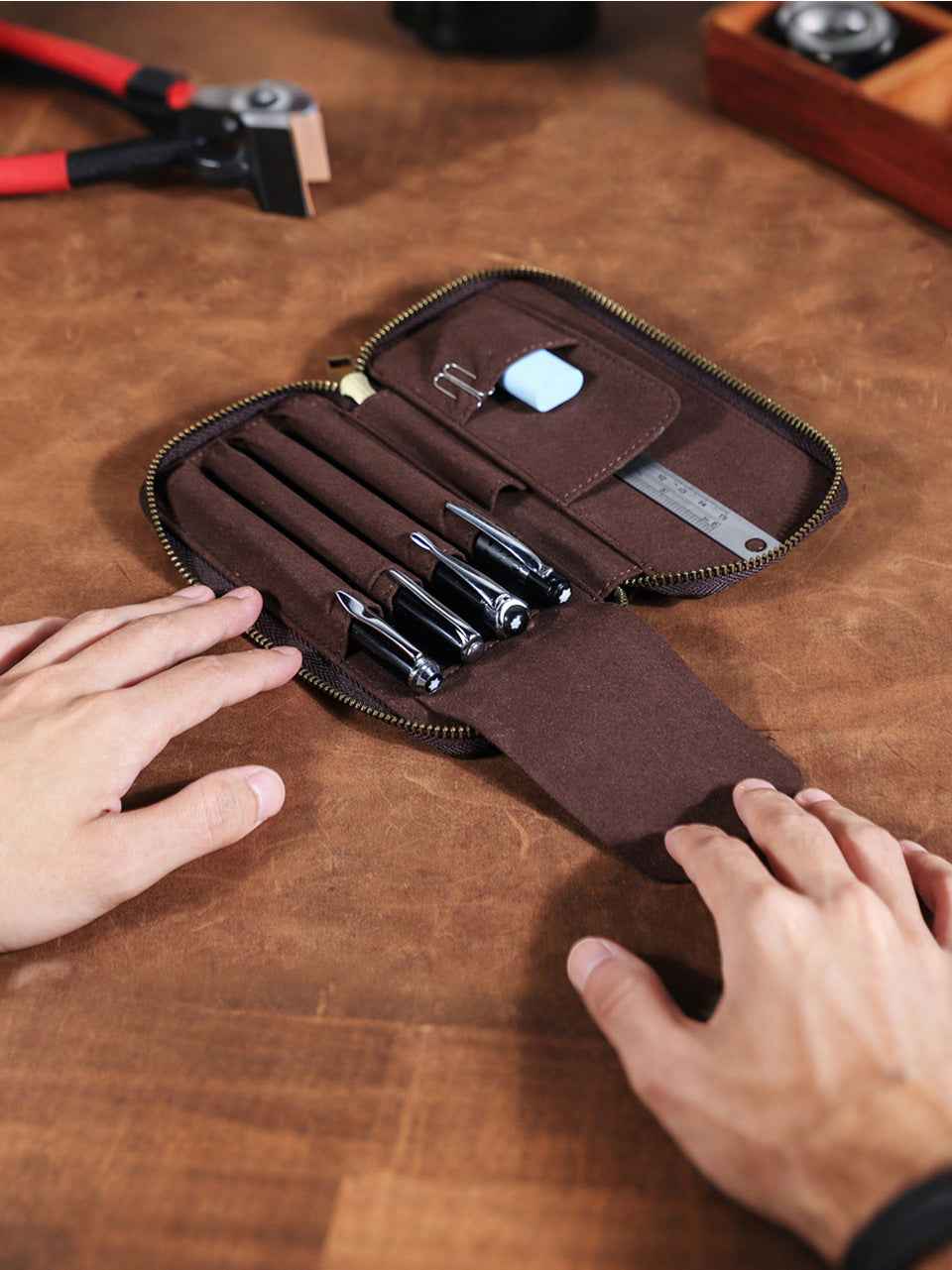 Leather Pencil Case – Handmade Zipper Pen Pouch with 7 Organized Slots