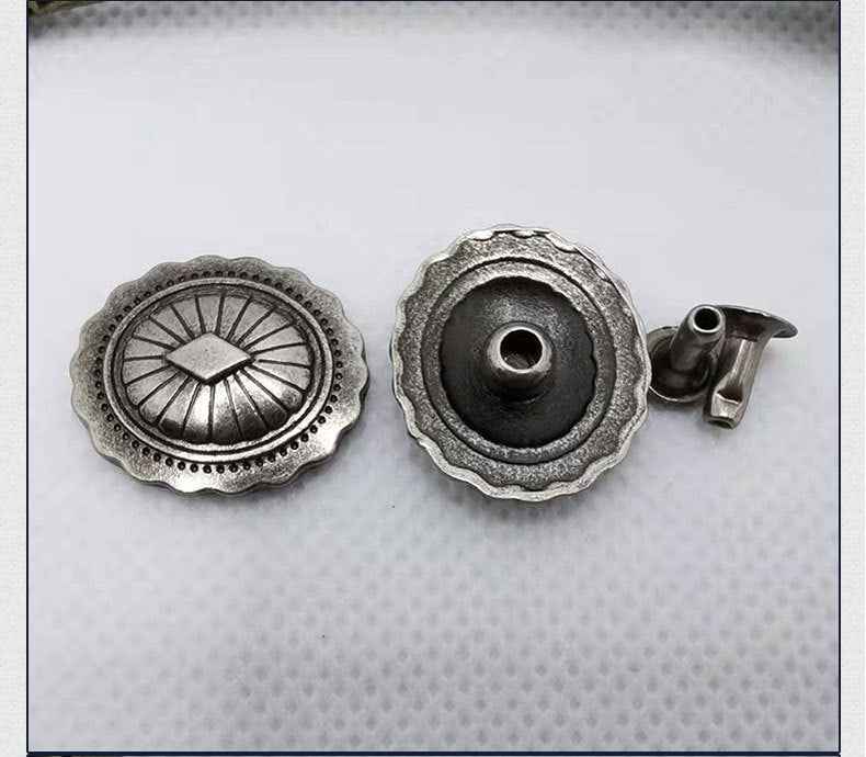 Vintage diamond stud rivets: antique silver square caps with striped border and cross