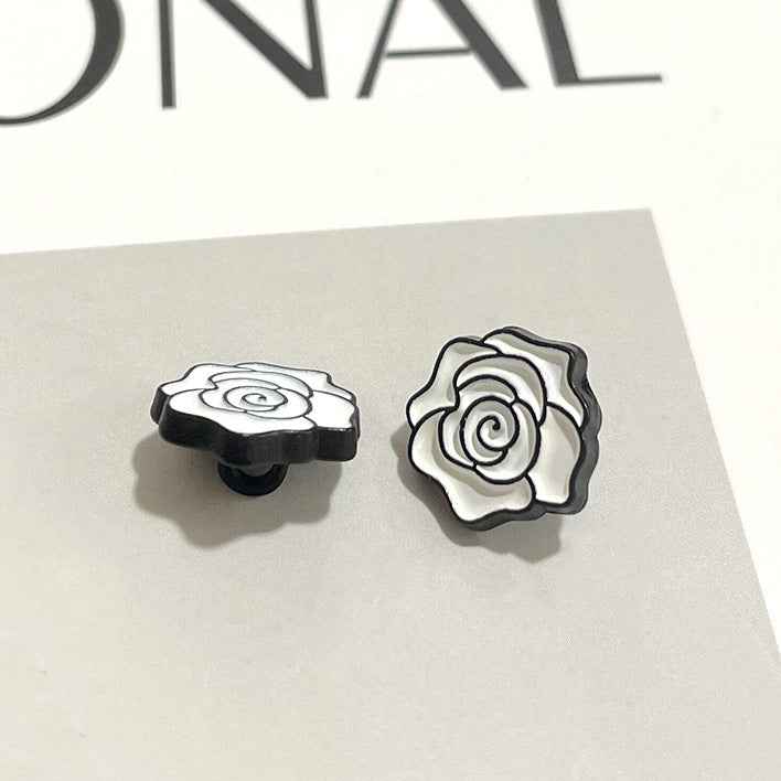 12mm vintage camellia floral metal shank button, black-and-white swirl center