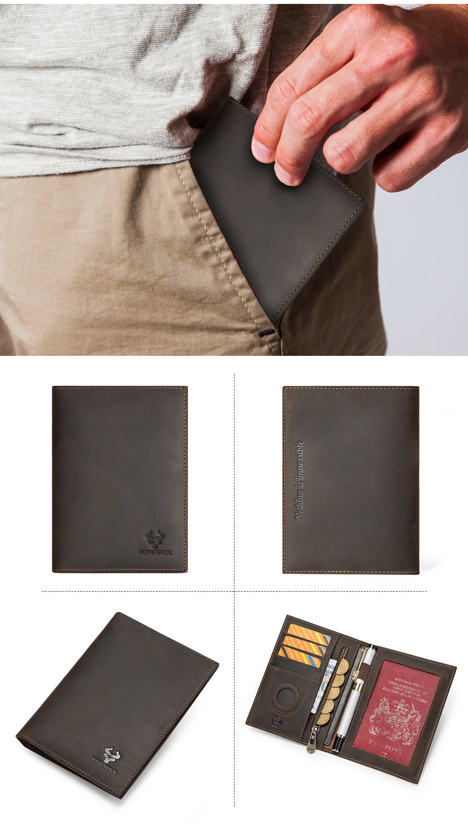 Vintage Crazy Horse Leather RFID Passport Wallet, Built-in AirTag Slot