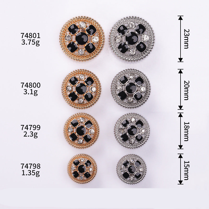 Hollow round crystal buttons set: gold and nickel-silver frames, black center stones