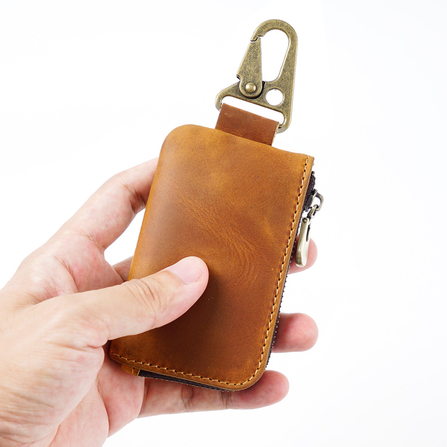 Leather Mini Coin Pouch with Keychain - Men's Belt Clip Zipper Pouch
