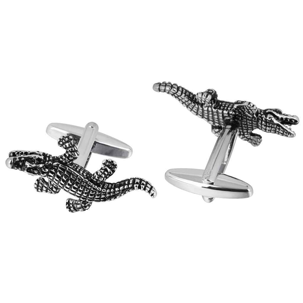 Black oil-finished crocodile texture cufflinks with silver backs, two-piece set
