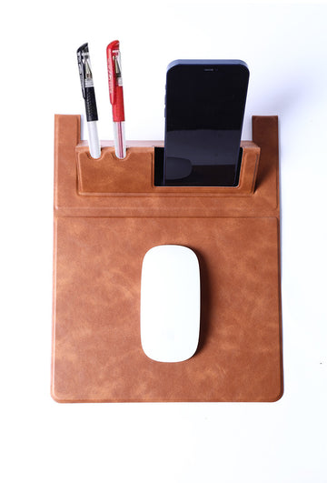 PU Leather Multifunctional Mouse Pad with Phone Stand & 2 Pen Slots