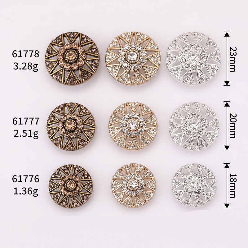 Star-crystal metal shank buttons: antique gold, light gold, bright silver, set of 20.