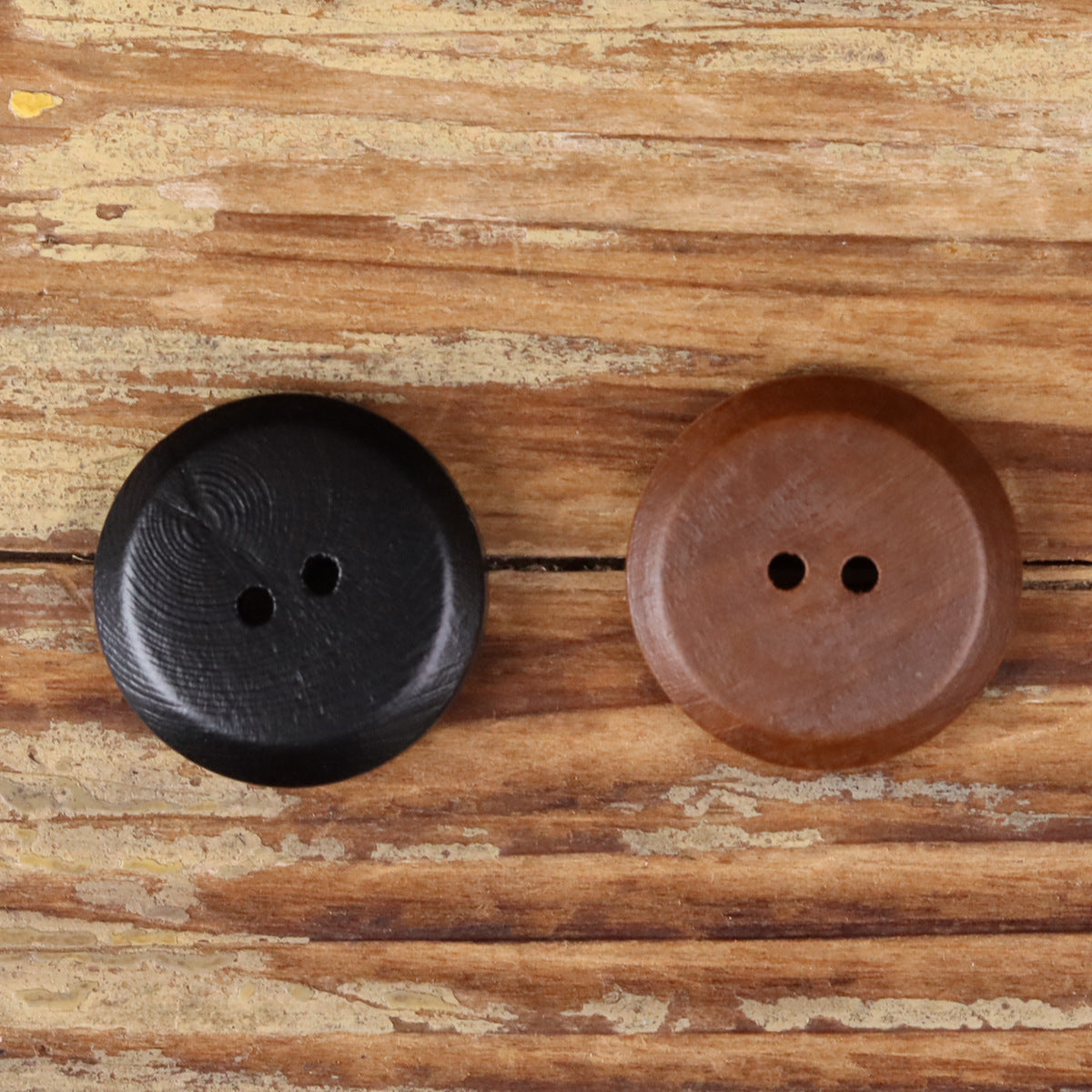 Round wood 2-hole buttons, black and brown, flat circular with two holes