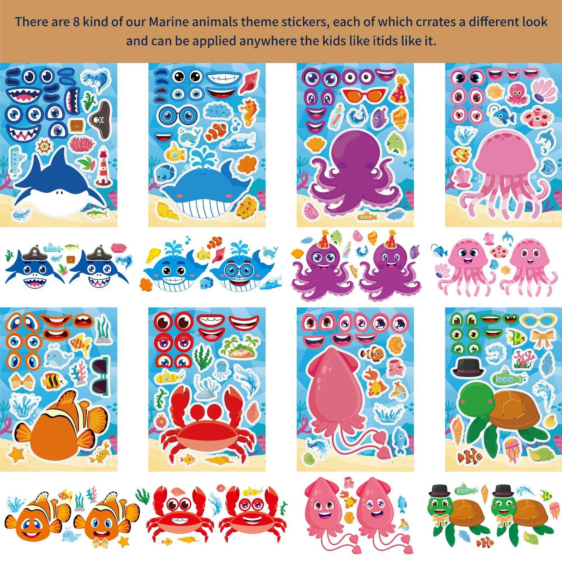 32 Sheets Cartoon Ocean Animals Make Your Own Stickers for Kids