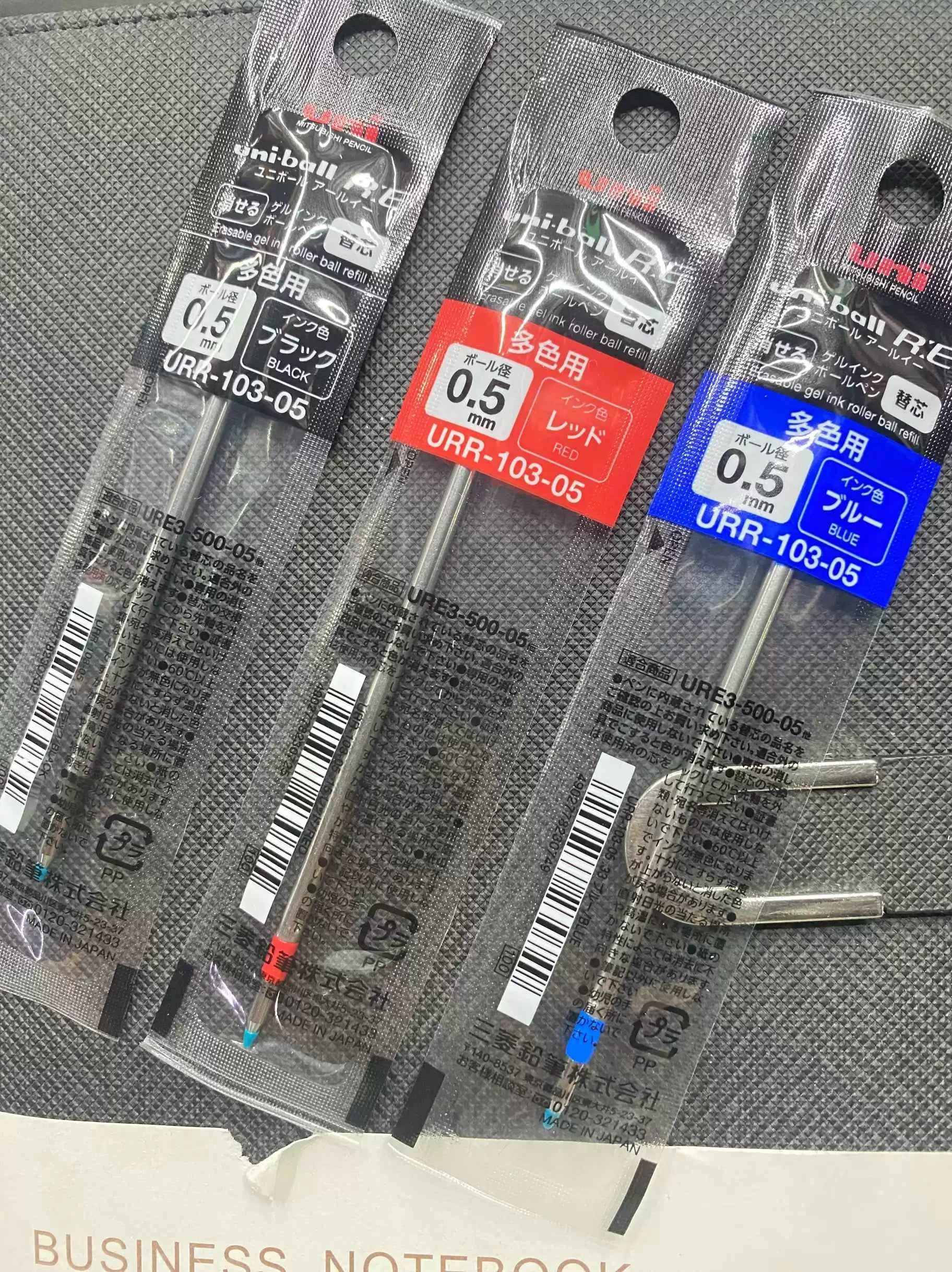 Uni-ball RE URR-103-05 Gel Pen Refill 0.5mm Black/Red/Blue 3 Pack 3 Mixed