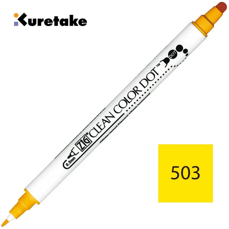 Kuretake ZIG Clean Color Dot TC-6100 – 2-Pack | Dual-Tip Dot & Brush Watercolour Marker | Journal / Illustration / Hand-Lettering | Japan Kuretake 503 Sunshine Yellow