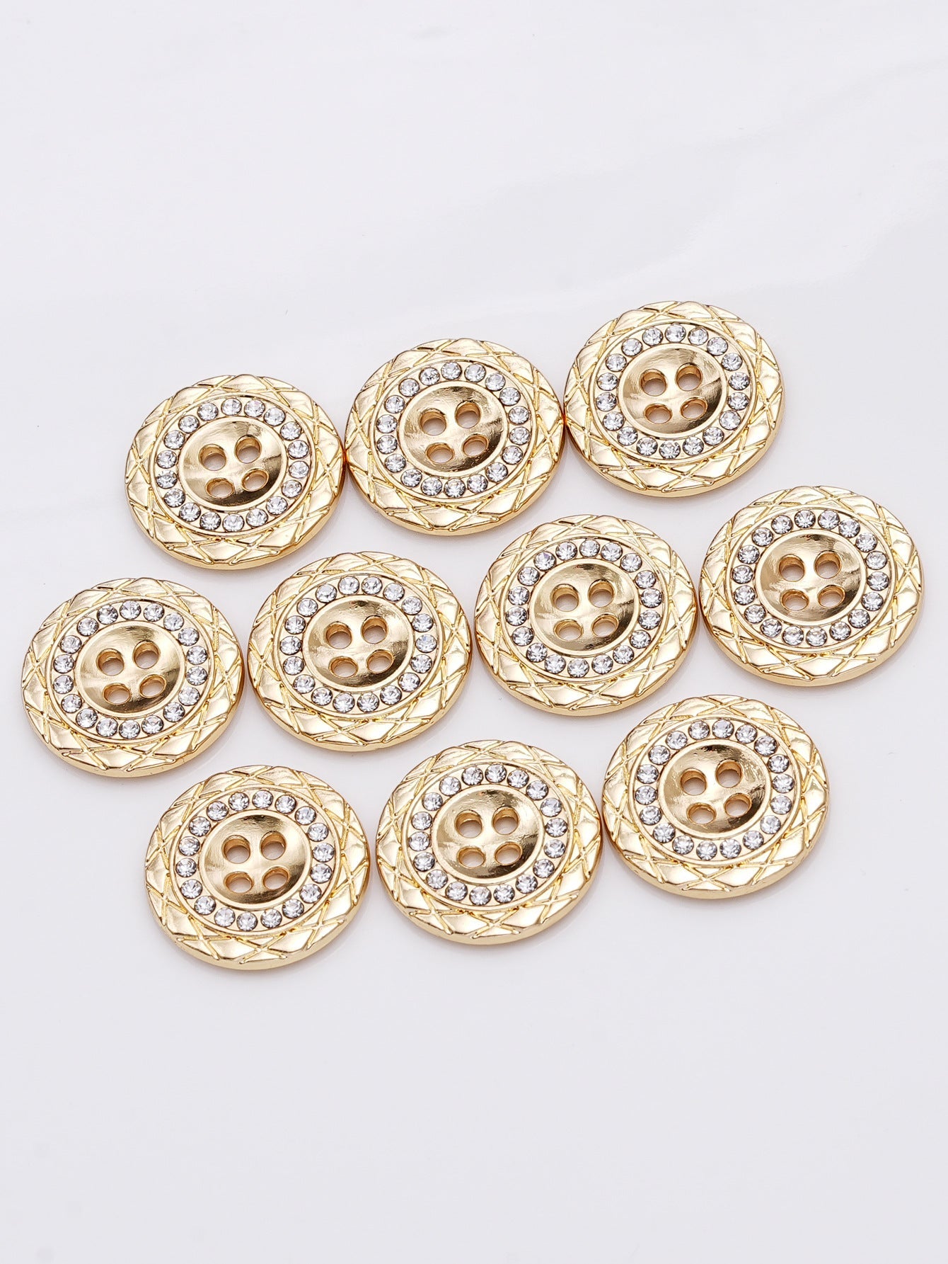 Multiple gold 4-hole rhinestone buttons, round 20mm with jeweled rim