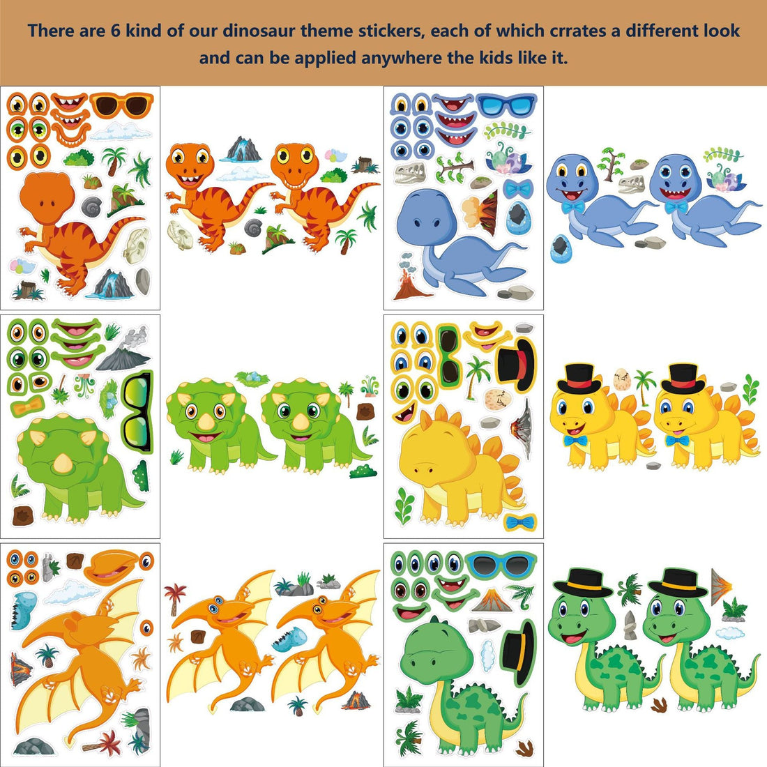 24 Sheets Make a Face Dinosaur Stickers