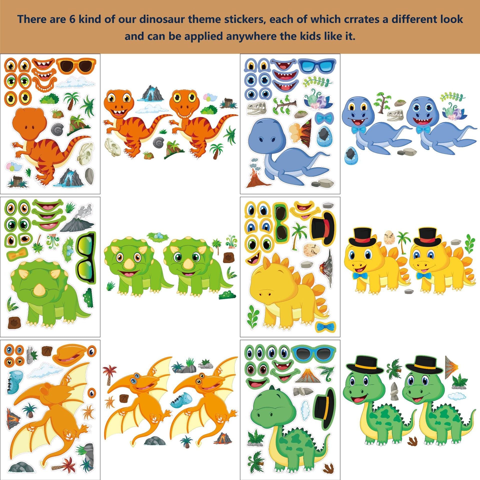 24 Sheets Make a Face Dinosaur Stickers