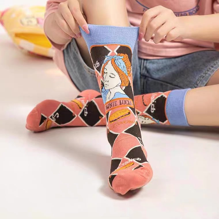 French Illustration Cartoon Cat Crew Socks Pink Kawaii Mid-High 6-Pack