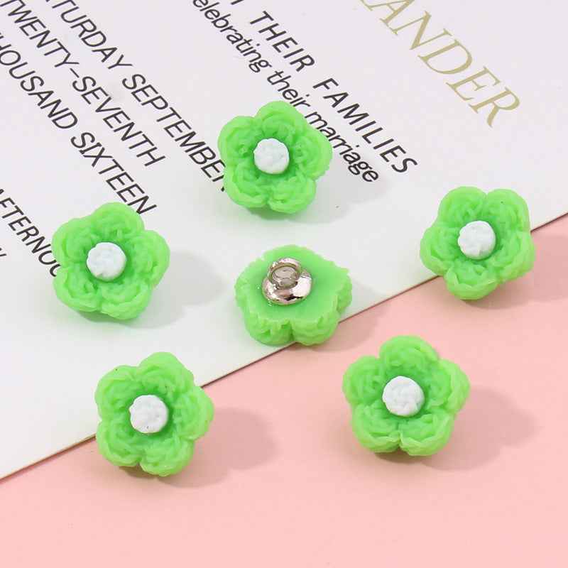 Neon green flower plastic buttons, 13mm; white centers, silver backs