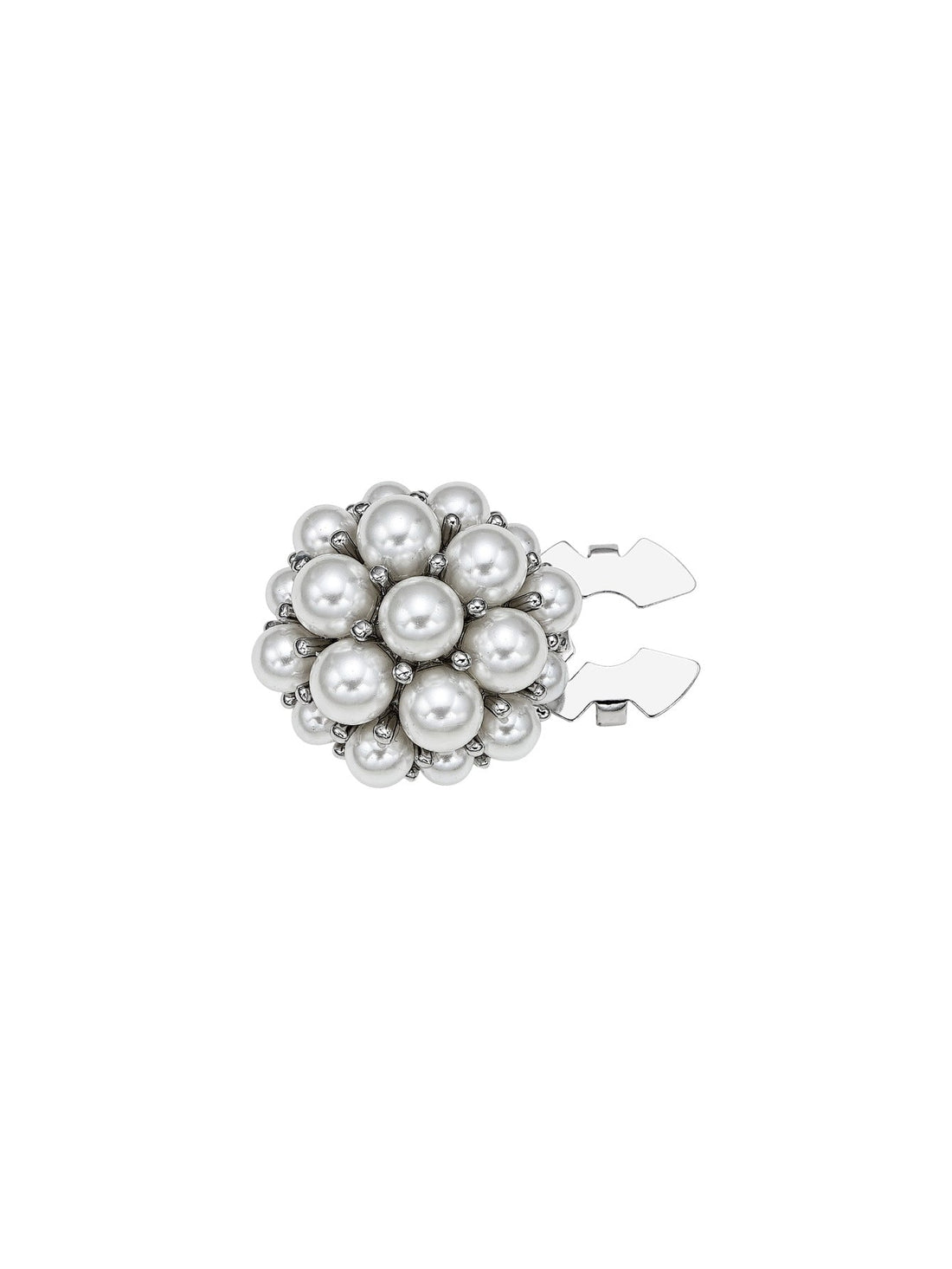 Gold pearl flower metal clamp button with white pearl cluster and metal clasp tabs.