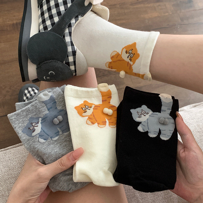 Cartoon Egg Cat Funny Crew Socks | Cute Animal Cotton Mid-Calf Socks for Women | 3-Pack (White/Grey/Black)