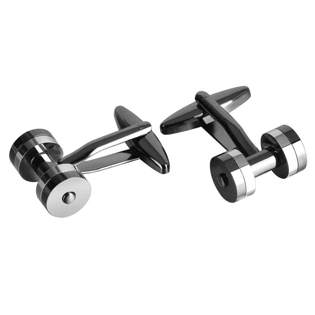 Dumbbell cufflinks in silver and gunmetal with black center bar and end rings