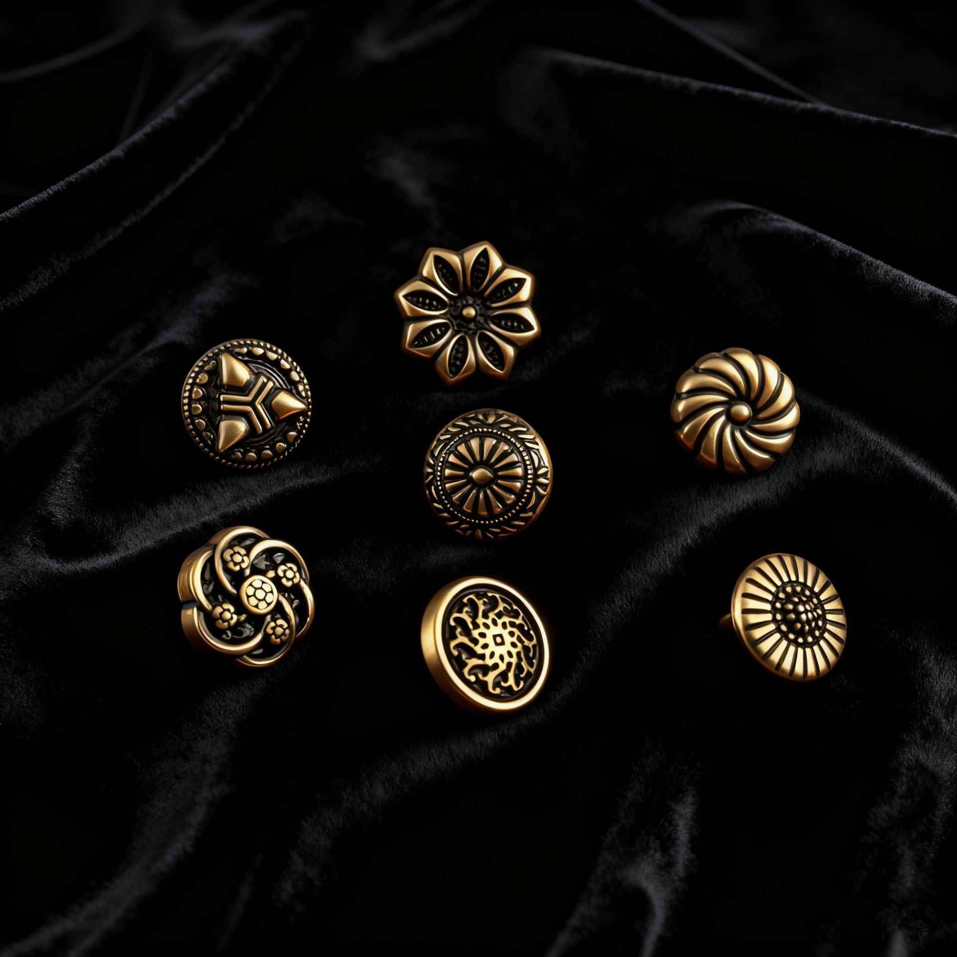 Antique bronze 10mm shirt buttons with assorted medallion-style patterns, 70 pcs