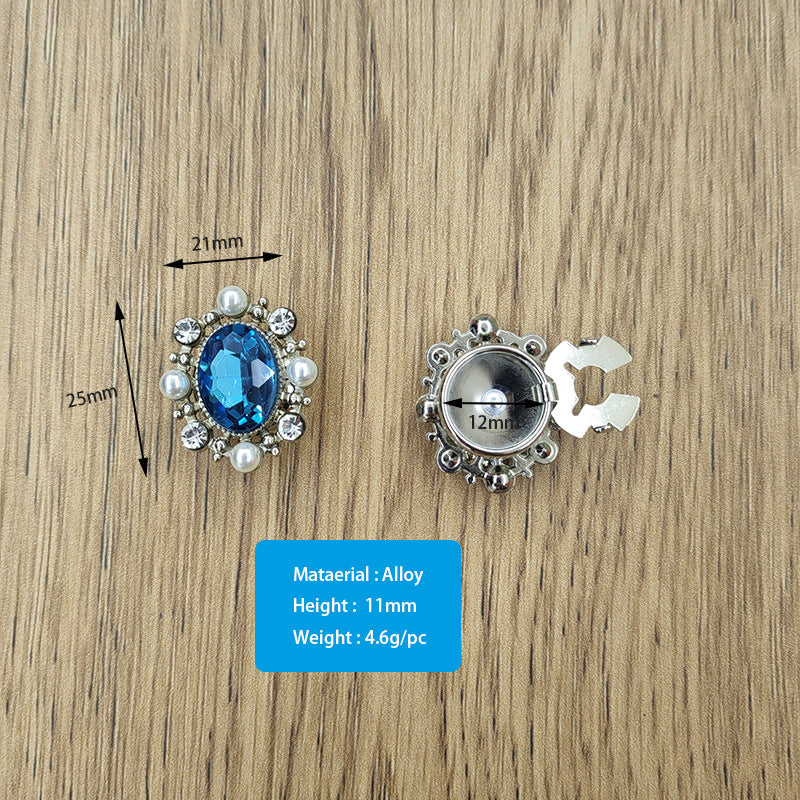 Rhinestone snap-on button, blue oval crystal with pearls and silver decorative rim