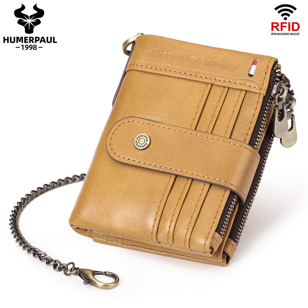 RFID Genuine Leather Card Holder Men's Wallet Double Zipper Light Brown
