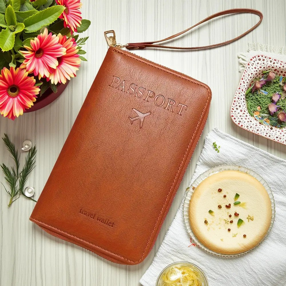 RFID Passport Holder Travel Wallet Brown
