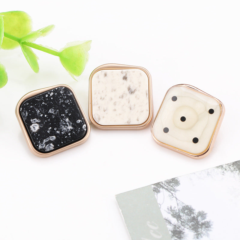 Set of square marble resin buttons: black, white, and cream faces with gold frames