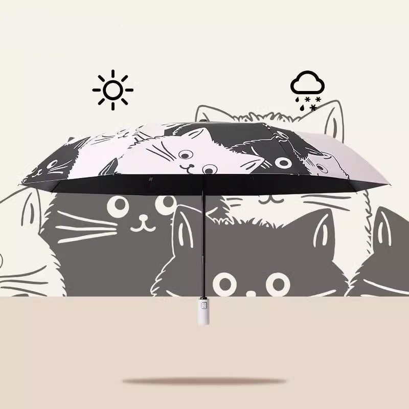 Cartoon Black & White Cat UV Protection Auto-Folding Sun Umbrella