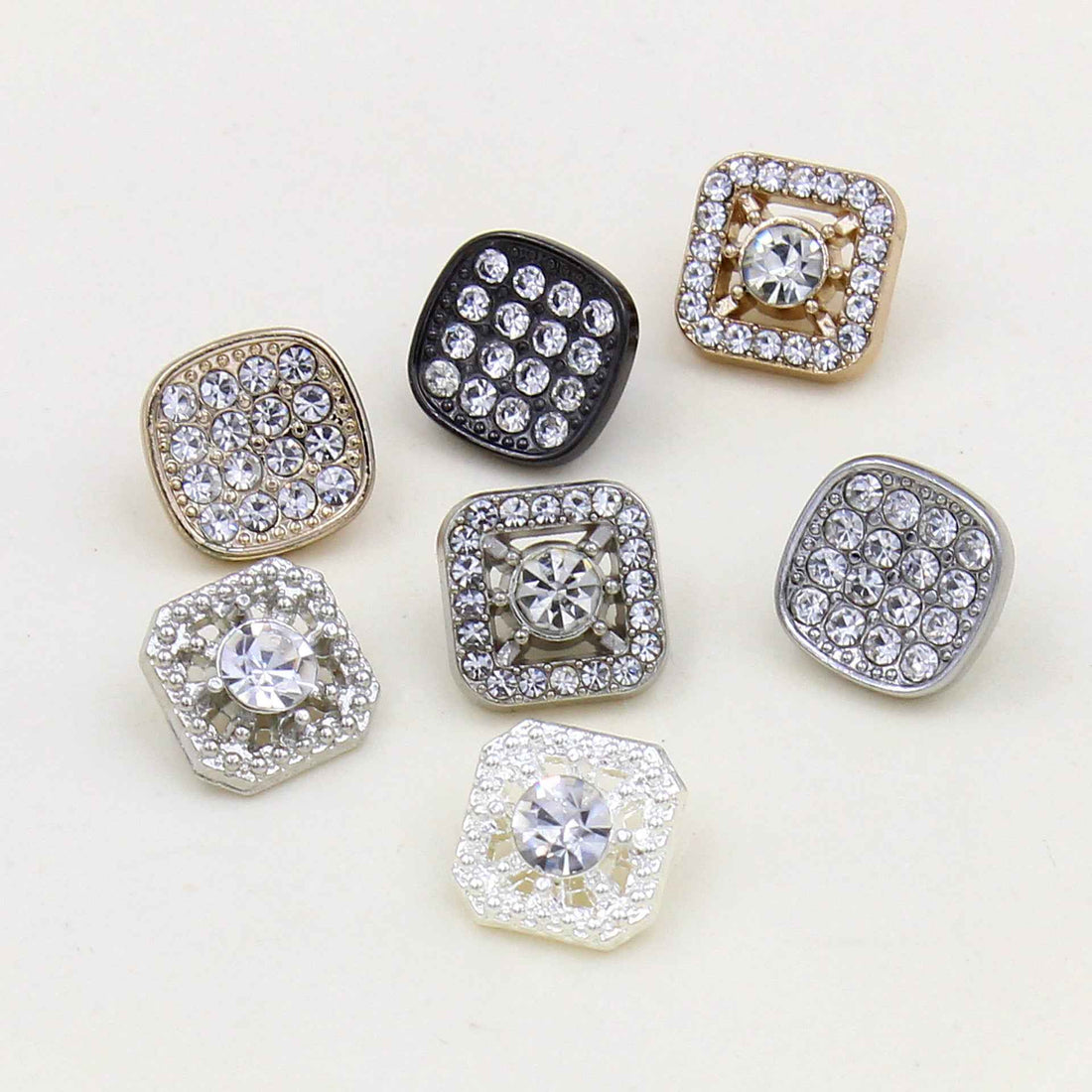 Square rhinestone shank button set, mixed finishes: clear stones on silver, black, gold tones