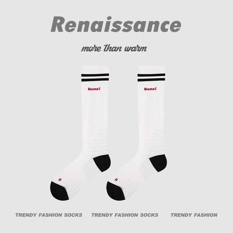 Thin Compression Running Socks for Women, white with two black stripes at cuff and black heel