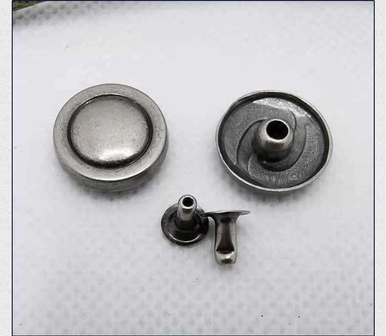 Antique silver mushroom rivets—front cap, back plate with hole, and attached post