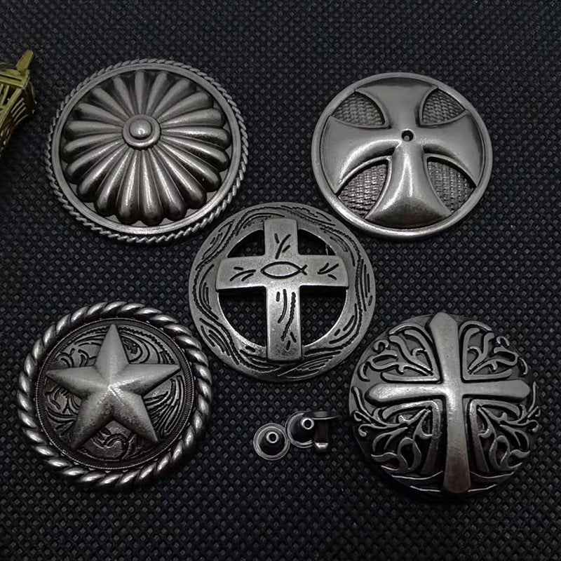 Vintage floral cross rivets, round antique metal studs with etched star and cross fronts