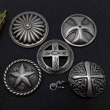 Vintage floral cross rivets, round antique metal studs with etched star and cross fronts