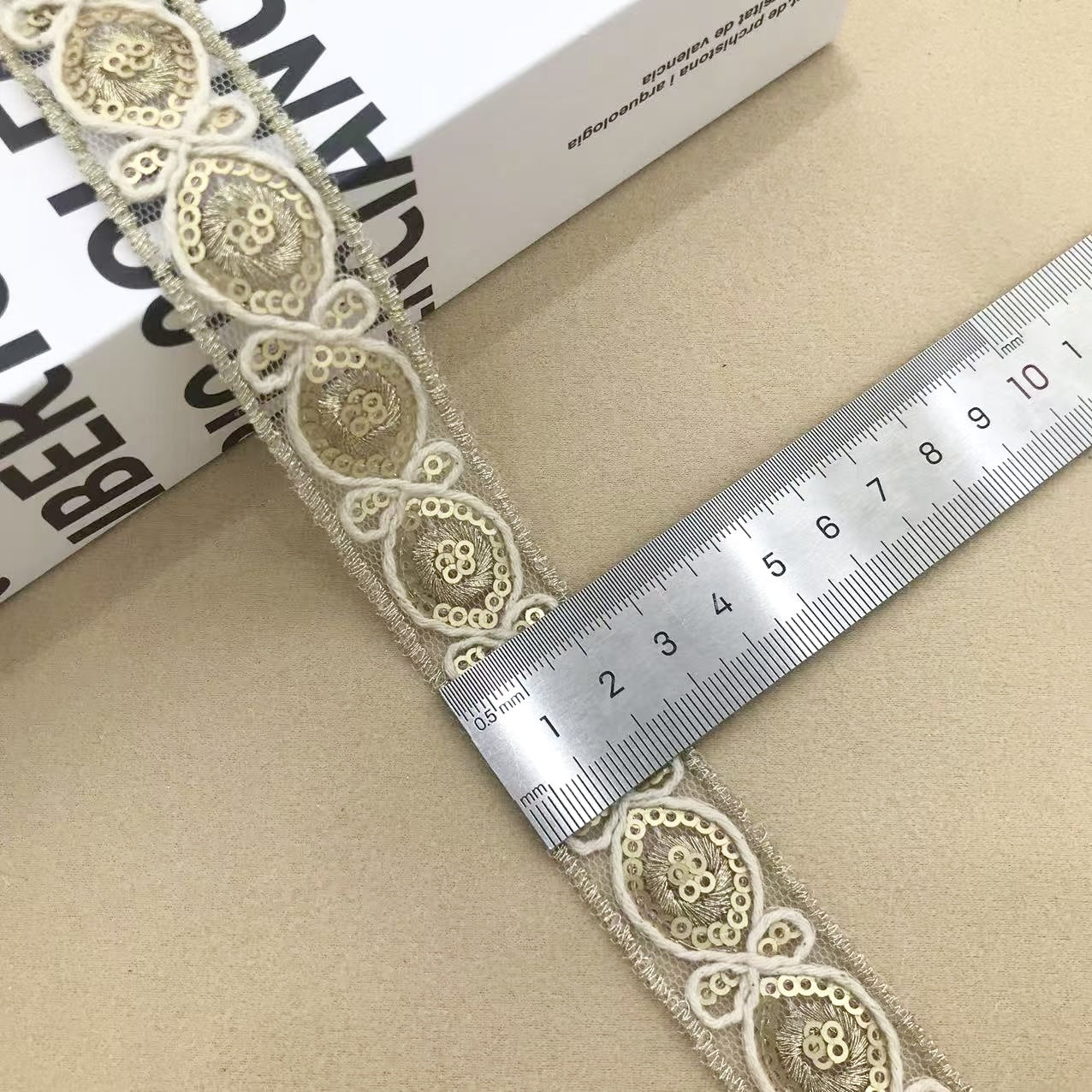 Cream and gold embroidered mirror ribbon trim, 2.3cm, round sequins and beads