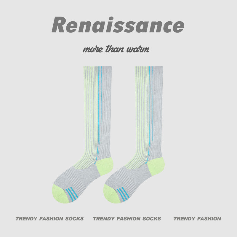 Light gray compression running socks with blue side stripe and lime green heel panel