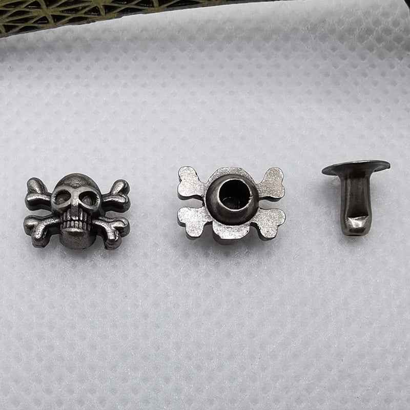 Skull rivet studs: side view of skull face piece, back piece with hole, and post