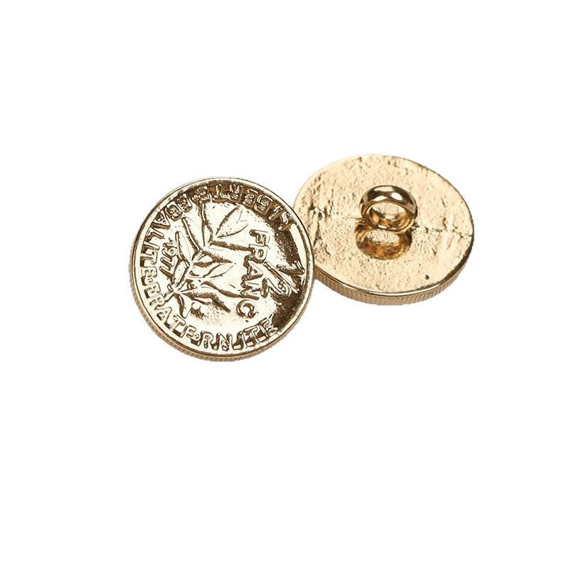 Gold coin-style metal shank buttons, 12mm, set of 20, front view