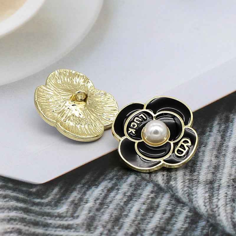 Pearl petal metal shank button, black enamel with gold edges and white center pearl