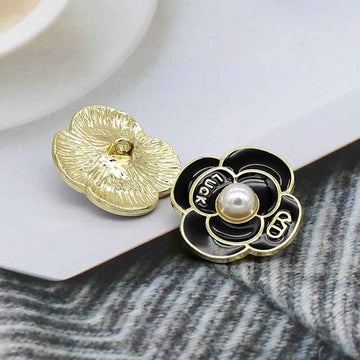 Pearl petal metal shank button, black enamel with gold edges and white center pearl