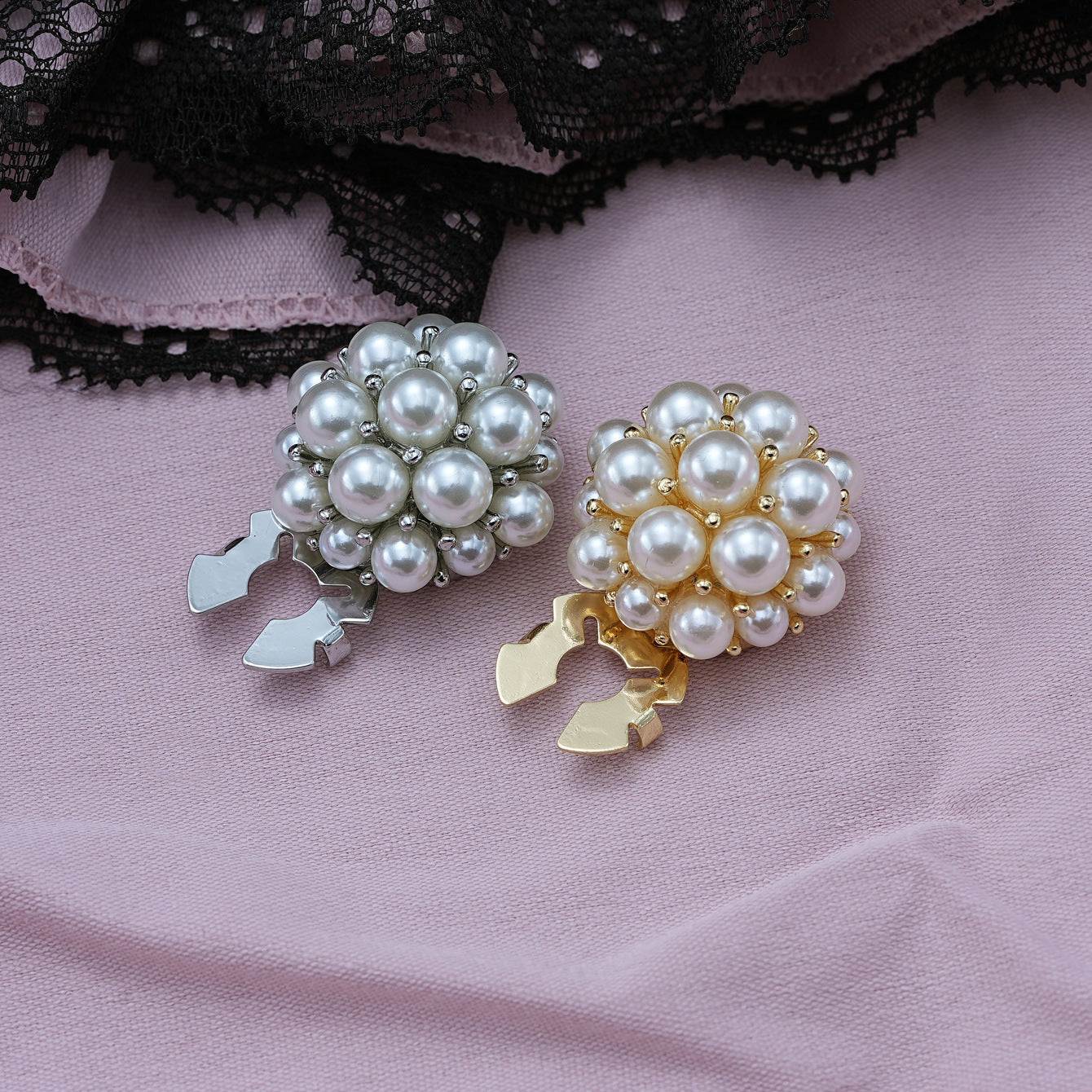 Pearl flower metal clamp button pair: silver and gold-tone with white pearl clusters.