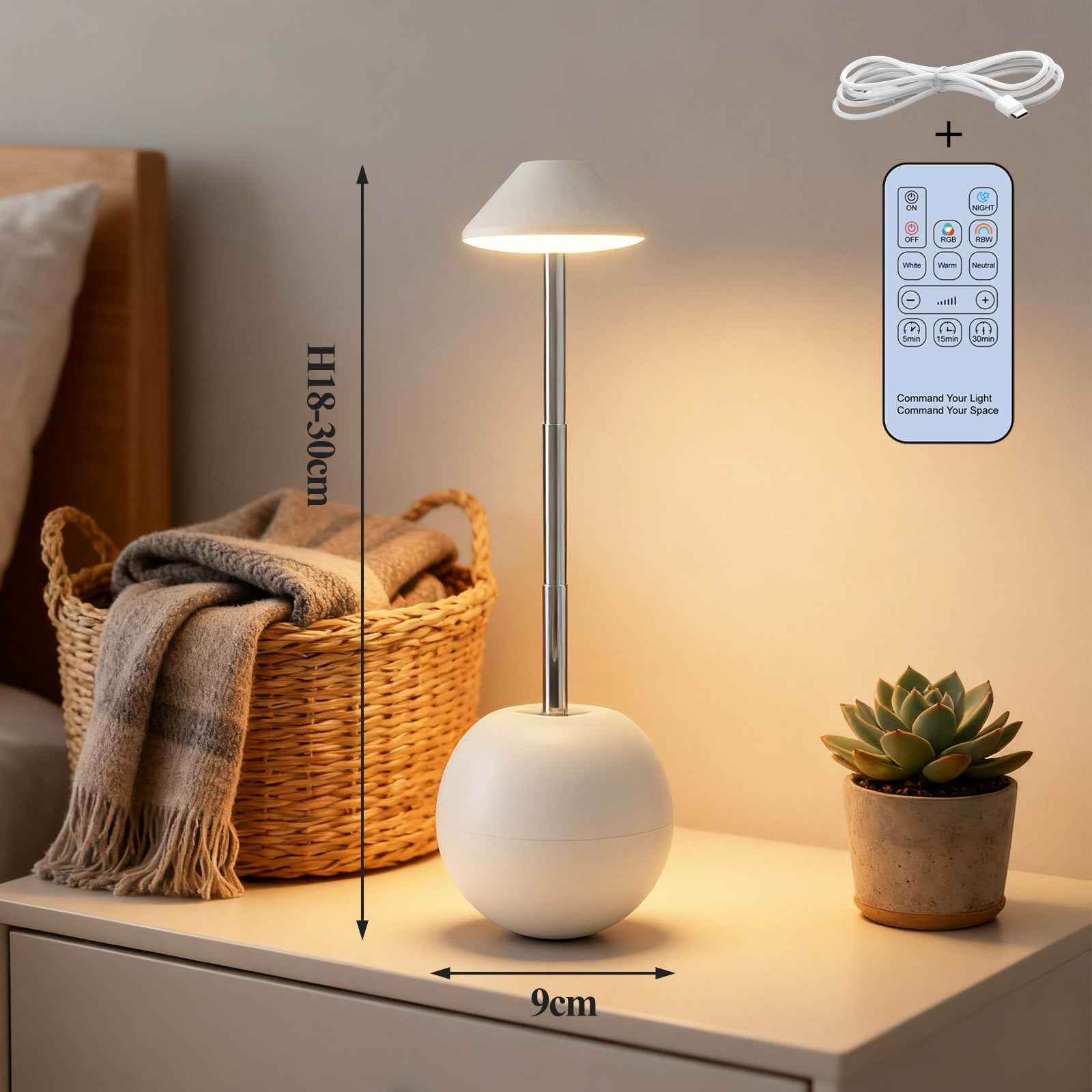LED Night Light Rechargeable with Remote Telescopic Stem Wobble Base White