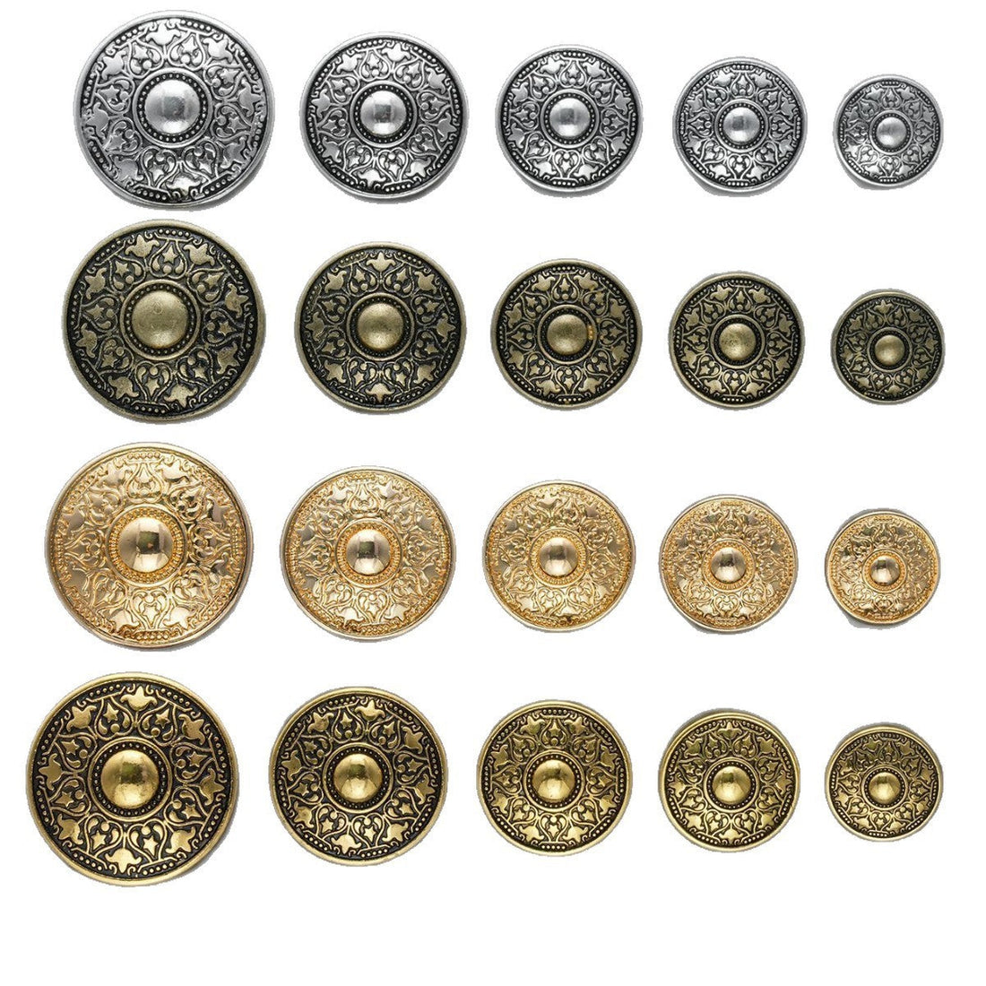 Runde Metall-Schaftknöpfe im Vintage-Design, 30er Set, Antik-Silber bis Gold