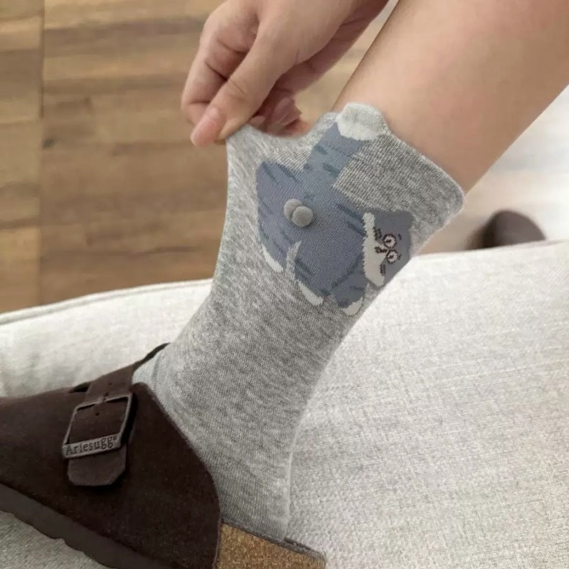 Cartoon Egg Cat Funny Crew Socks | Cute Animal Cotton Mid-Calf Socks for Women | 3-Pack (White/Grey/Black)