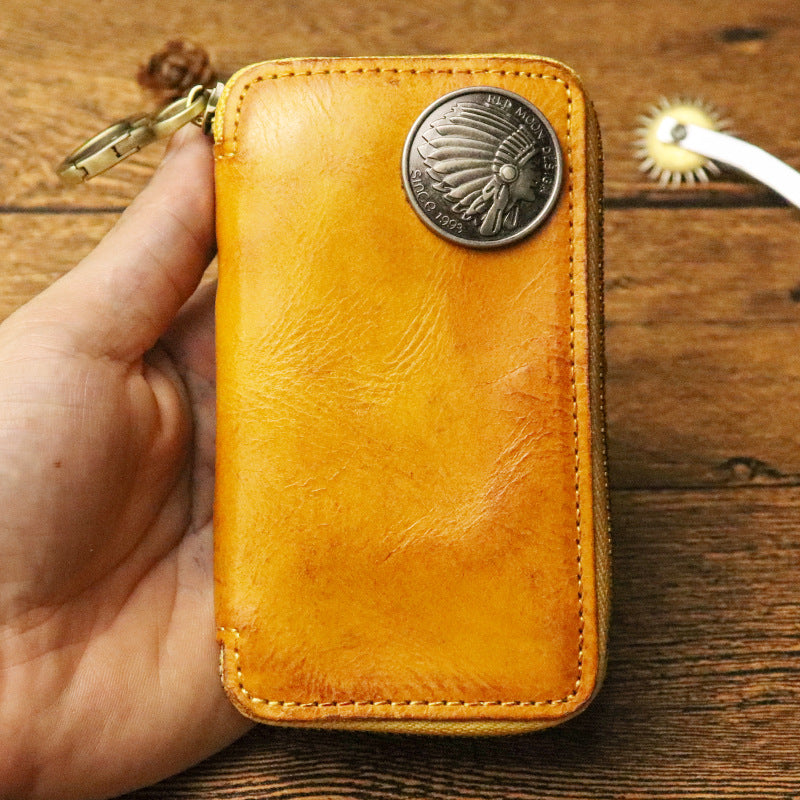 Genuine Vegetable Tanned Leather Key Pouch for Men Yellow
