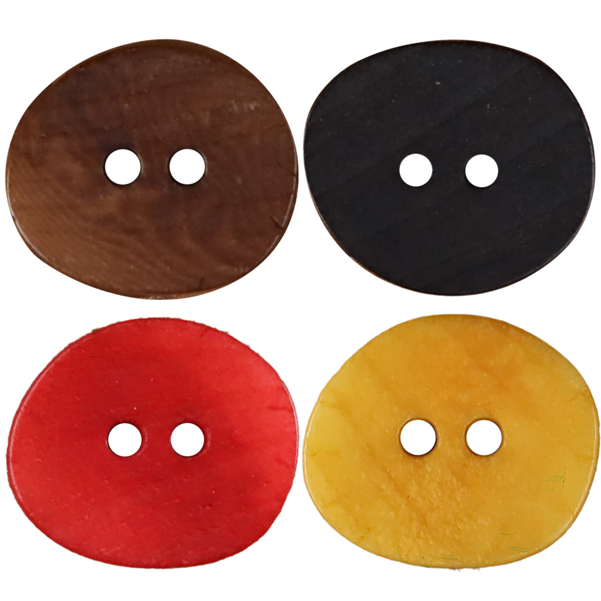 Natural seed-style 2-hole buttons, assorted colors: brown, black, red, yellow.