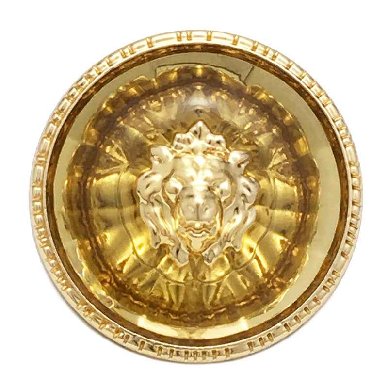 Close-up gold-yellow lion-head round metal shank button with textured transparent resin