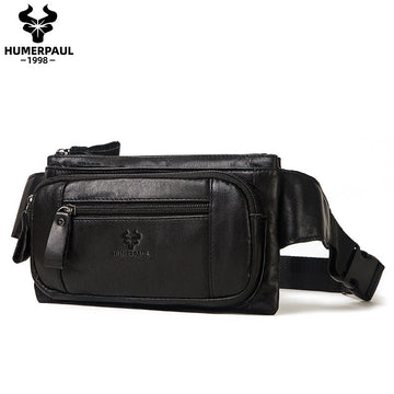 Men's Genuine Leather Waist Bag Packs Black