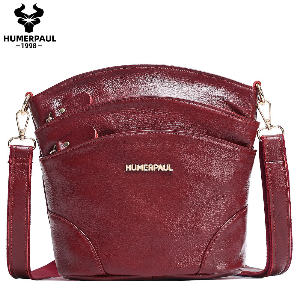 Top Grain Leather Women's Crossbody Bucket Shoulder Bag Red