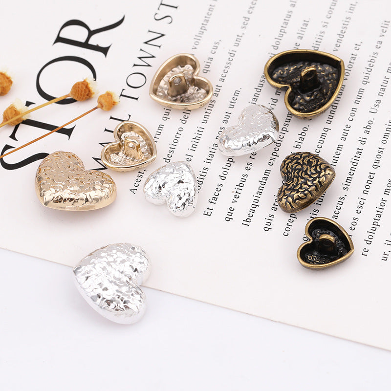 Heart scale metal shank buttons, assorted tones: antique gold, light gold, silver