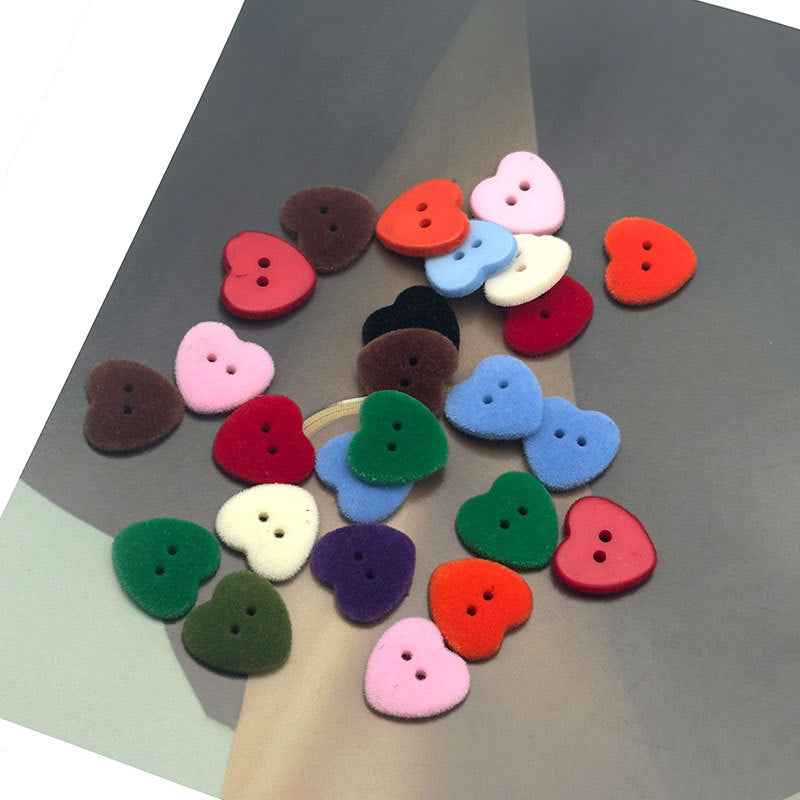Heart-shaped 2-hole velvet resin buttons, multicolor set with 2 holes each
